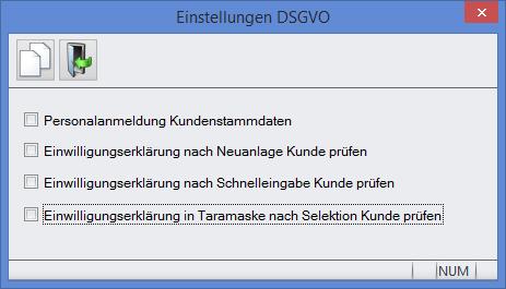 zusätzliche Mandanteneinstellungen bezüglich DSGVO Im Karteireiter 'Kund.kart.' wurde eine Schaltfläche [Einstellungen DSGVO] implementiert.