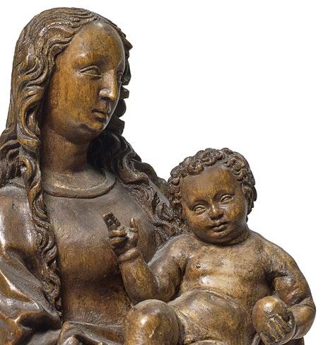 162 314807 / 42584-3 Maria mit Kind Augsburg, um 1600/1610 Stehend, das rechte Bein abgewinkelt vorgestellt, in den Armen das Kind mit Weltkugel und Segensgestus.