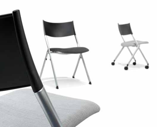 This series comes in many variations: stacking chairs on glides, chairs with folding seat on glides or castors, horizontally stackable. Available with or without arms.