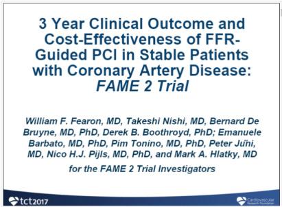 Klinische Studien TCT 2017: 3-Jahres-Ergebnisse der FAME-II-Studie und Kosteneffektivität von FFR Im Vergleich zur besten medikamentösen Therapie allein verbessert eine PCI bei Patienten mit stabiler