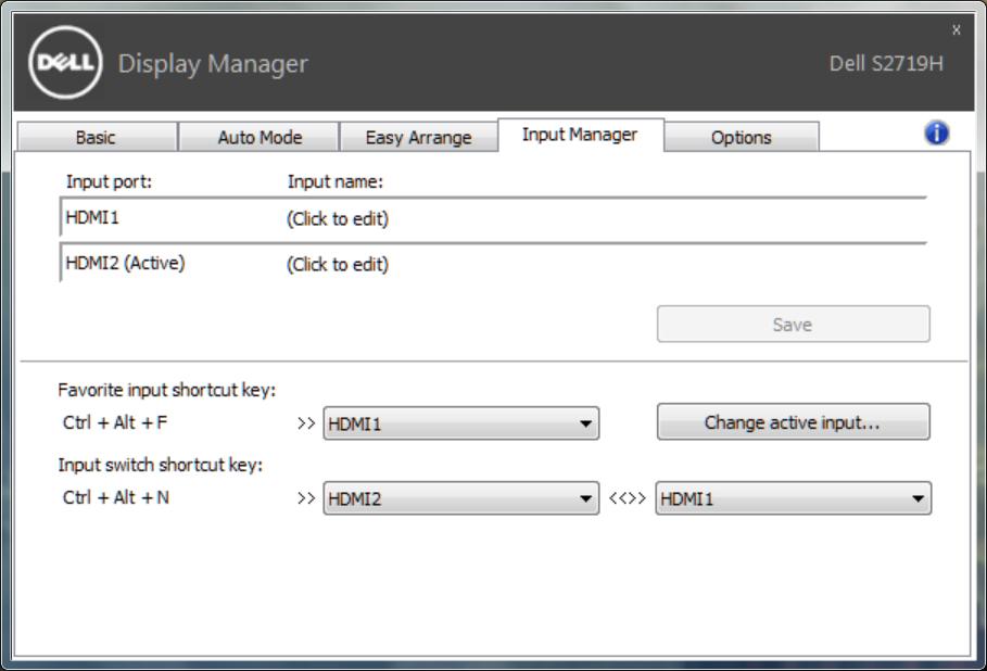 Mehrere Videoeingänge verwalten Das Register Input Manager (Eingangsmanager) bietet komfortable Möglichkeiten zur Verwaltung mehrerer an Ihrem Dell-Monitor angeschlossener Videoeingänge.