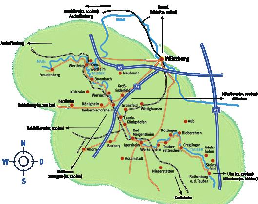 .. mit dem Auto oder Zug Per Auto kommt man über die Autobahnen A3 Frankfurt- Würzburg, A7 Ulm-Würzburg und A81 Heilbronn- Würzburg aus allen Himmelsrichtungen ins Liebliche Taubertal.