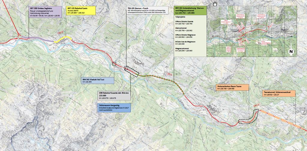 Cluster Unterengadin (Susch Scuol) Projektliste: Bahnhof Sagliains Bahnhof Lavin Giarsuntunnel Magnacuntunnel Viadukt Val Tuoi Stützmauern Oberbauerneuerungen