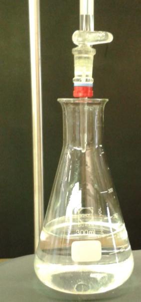 1. 2. Abb. 1 - Darstellung der Natriumchlorid-Lösung vor einem schwarzen Hintergrund. 1. Vor der Titration. 2. Nach der Titration, wo die erste Trübung aufgetreten ist.
