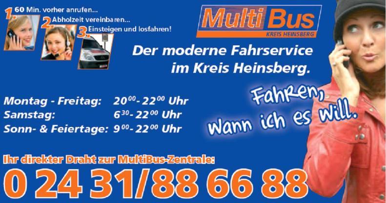 startseite Multibus Heinsberg - Fahren wann ich es will : mit Kleinbussen betriebenes, bedarfsorientiertes zusätzliches Angebot des ÖPNV sichert Erschließung und Anschluss an