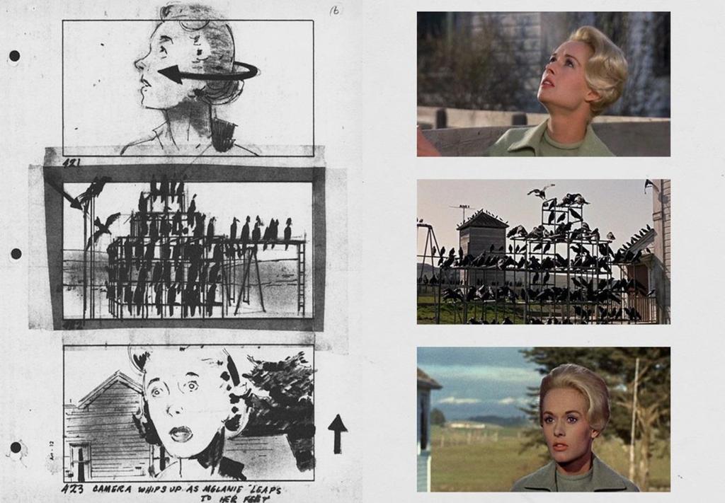 Links: aus dem Storyboard zu Hitchkocks The Birds (1963). Rechts sehen Sie die entsprechenden Filmszenen.