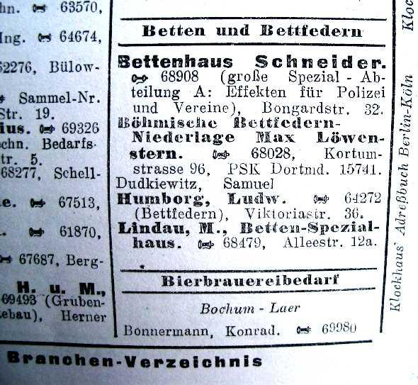 Kopie aus BranchenVerzeichnis 1931 Eintrag: Böhmische BettfedernNiederlage Max Löwenstern Telefon 68028, Kortumstrstasse 96, PSK Dortmund 15741