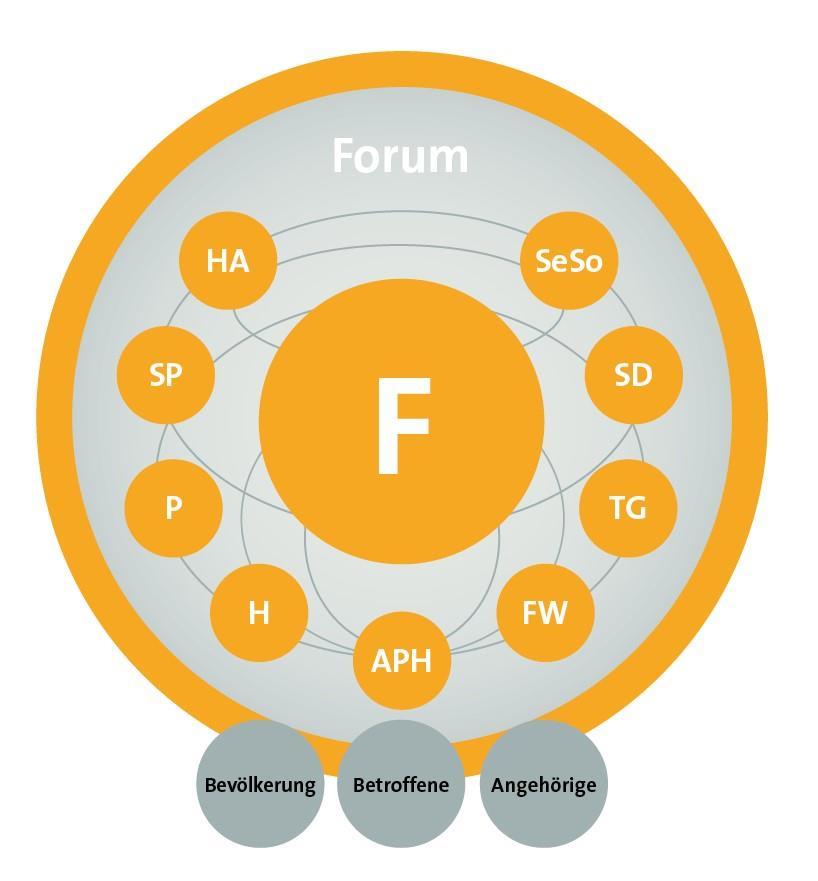 2.2.2 Die Organisationsstruktur eines Forums Diese Organisationsstruktur zeigt die Einbettung der einzelnen Organisationen und Leistungserbringer innerhalb des Forums als Teil von palliative ostschweiz.