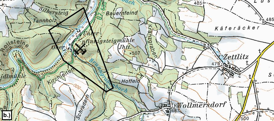 Das Vorkommen liegt 2,5 km westlich von Zettlitz und der aufgelassene Bergbau befindet sich nördlich des Brunngrabenbaches und östlich der Thaya an einem nach