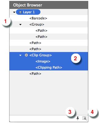 Der Objekt-Browser listet alle Ebenen, Gruppen und Objekte im Dokument auf, jeweils mit der entsprechenden Miniaturansicht. 1.