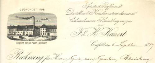 Format: 22x28,5. Los 0309 Ausruf: 36 Crefeld, 1889-91: F. & H. Kauert, Destillerie 3 Papiere Gegründet 1798. Kleine Abb.