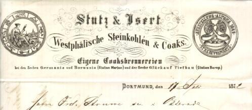 Los 0312 Ausruf: 26 Dortmund, 1872: Stutz & Isert, Westphälische Steinkohlen & Coaks Große Abb.