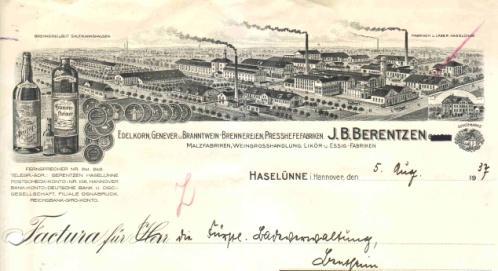 Los 0367 Ausruf: 13 Haselünne, 1937: J.B. Berentzen, Brennerei Abb. des sehr großen Fabrikgeländes.