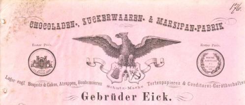 Los 0374 Ausruf: 14 Herford, 1881: Gebrüder Eick, Schokoladen, Zuckerwaren Großer Adler mit zwei Schutzmarken.