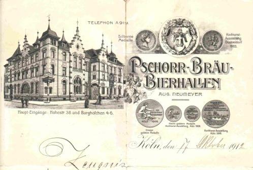 Los 0392 Ausruf: 15 Köln, 1912: Pschorr-Bräu-Bierhallen Aug. Neumeyer Abb. des Eckhauses in der Hohestr. 38.