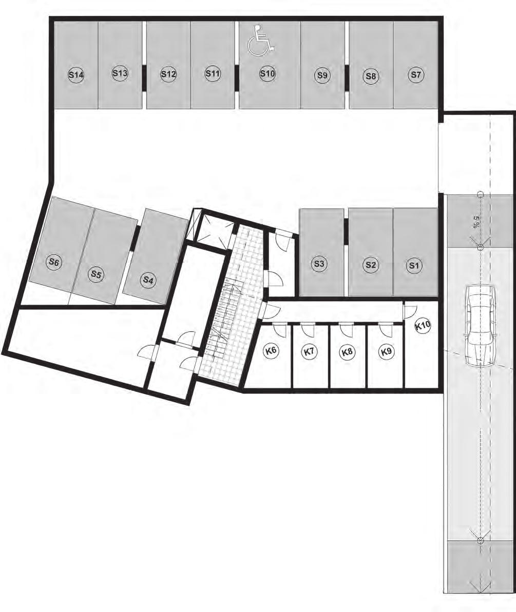 Schleuse Grundriss Untergeschoss mit Kellerräumen Stellplätze Stellplätze Aufzug Technik Flur