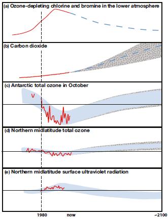 Klimawandel, Ozon und UV-Strahlung Schematischer Einfluss ozonzerstörender Substanzen und Klimawandels auf die Ozonschicht und UV-Strahlung.