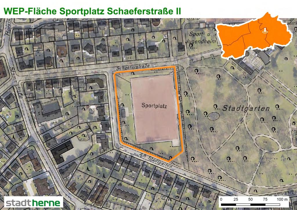 WEP-Fläche Herne-Mitte 3 Sportplatz Schaeferstraße II Sportplatz Schaeferstraße II Bezirk Herne-Mitte Ortsteil Herne-Mitte 1,47 ha Stadt Herne im Geltungsbereich Grünfläche kein