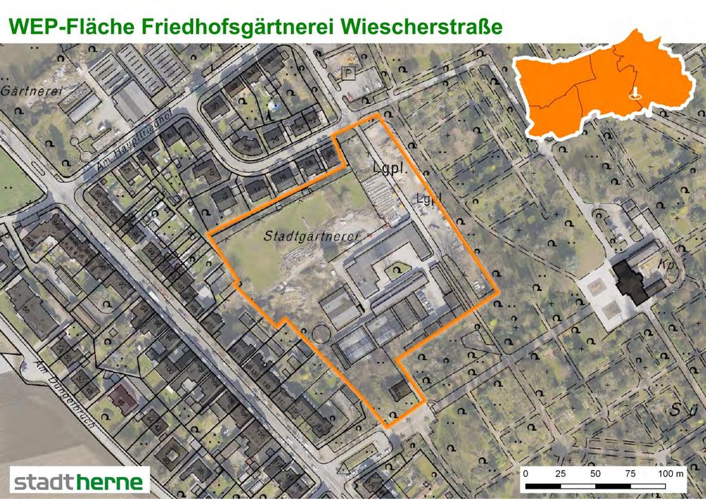 WEP-Fläche Sodingen 1 Friedhofsgärtnerei Wiescherstraße Friedhofsgärtnerei Wiescherstraße Bezirk Sodingen Ortsteil Sodingen 2,18 ha Stadt Herne im Geltungsbereich 2013 Aufstellungsbeschluss B-Plan Nr.