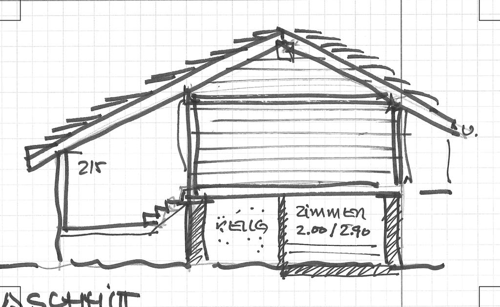 Schemaschnitt ca. Mst. 1:100 Die Pläne - nicht vorhanden Vom Haus bestehen keine Pläne. Die dargestellten Skizzen - Grundriss Obergeschoss und Schemaschnitt - dienen lediglich zur ersten Information.