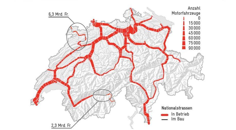 Verkehrsdichte auf dem Nationalstrassennetz Quelle: ASTRA, eigene Ergänzungen / Quelle (Folie): avenir suisse