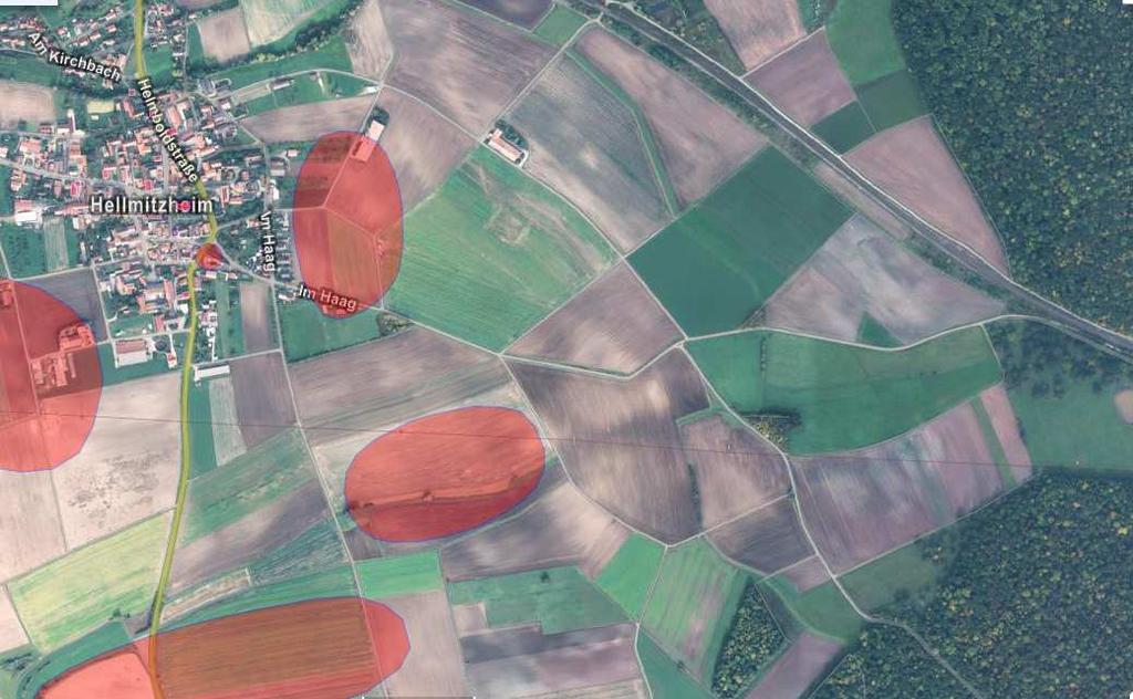 Ausschnitt aus den Karten des Bay. Landesamts für Denkmalpflege mit Darstellungen von möglicherweise vorhandenen vorgeschichtlichen Siedlungsresten im Bereich von Hellmitzheim.