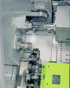 Die Maschine ist knzipiert für die simultane Kmplettbearbeitung auf der Haupt- und Gegenspindel. Die beiden Drehspindeln sind jeweils auf einem X/Z Kreuztisch aufgebaut.