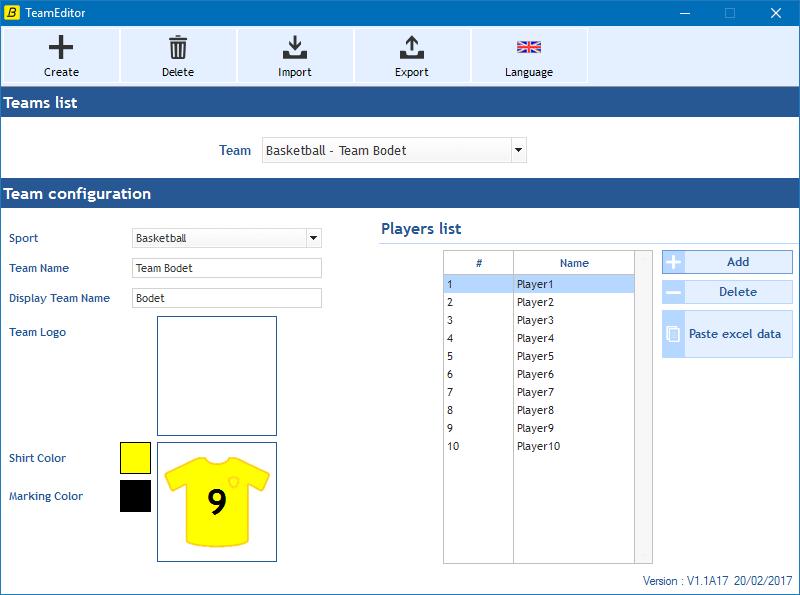 7. Verwendung der Software TeamEditor Mit der Software TeamEditor (verfügbar auf der Website von Bodet Sport) können Mannschaften auf einem PC erstellt und anschließend exportiert und für eine