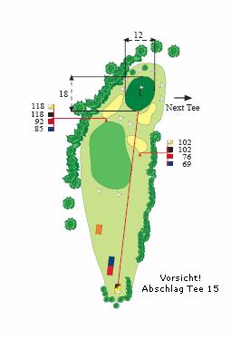 Das Grün ist ziemlich groß, aber von Bunkern gut gesichert. Dieses traumhafte Par 3 macht viel Spaß wenn man das Grün trifft, aber wehe wenn nicht.