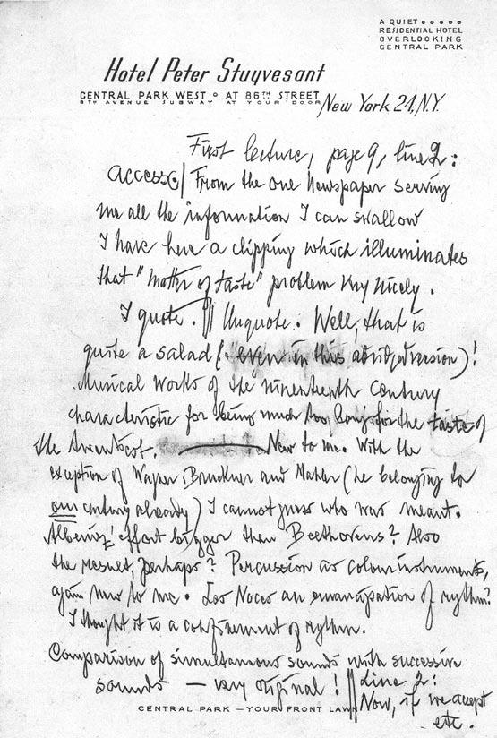 Artur Schnabel: Handschriftlicher Entwurf aus dem Jahr 1949 für den ersten in Harvard gehaltenen Vortrag Funktion und Grenzen der Musik, Akademie der Künste, Berlin,