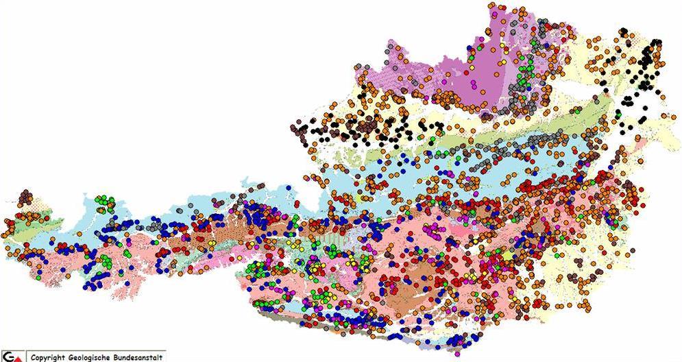 Lagerstättenkarte von Österreich 3500 Vorkommen und Lagerstätten 150 minerogenetische Distrikte