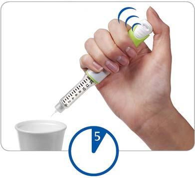 Halten Sie den Injektionsknopf vollständig eingedrückt und zählen Sie langsam bis 5, um die letzten Tropfen zu entfernen. Klick Sek.