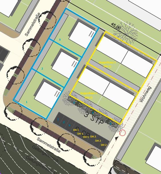 Gemeinschaftliche Carport- und Stellplatzanlage, gemeinschaftliche Wege (siehe Abbildungen 3 und 4): Die erforderlichen Stellplätze sind von allen Bauherren im Baufeld W in einer gemeinschaftlichen