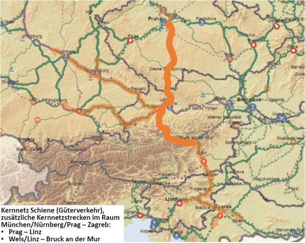 Alpen zu den Mittelmeerhäfen sowie die nachhaltige Verlagerung der bestehenden und künftigen Verkehrsverflechtungen von der Straße auf die Schiene: Abbildung 3: Vorschlag zur Aufnahme von Tauern- und