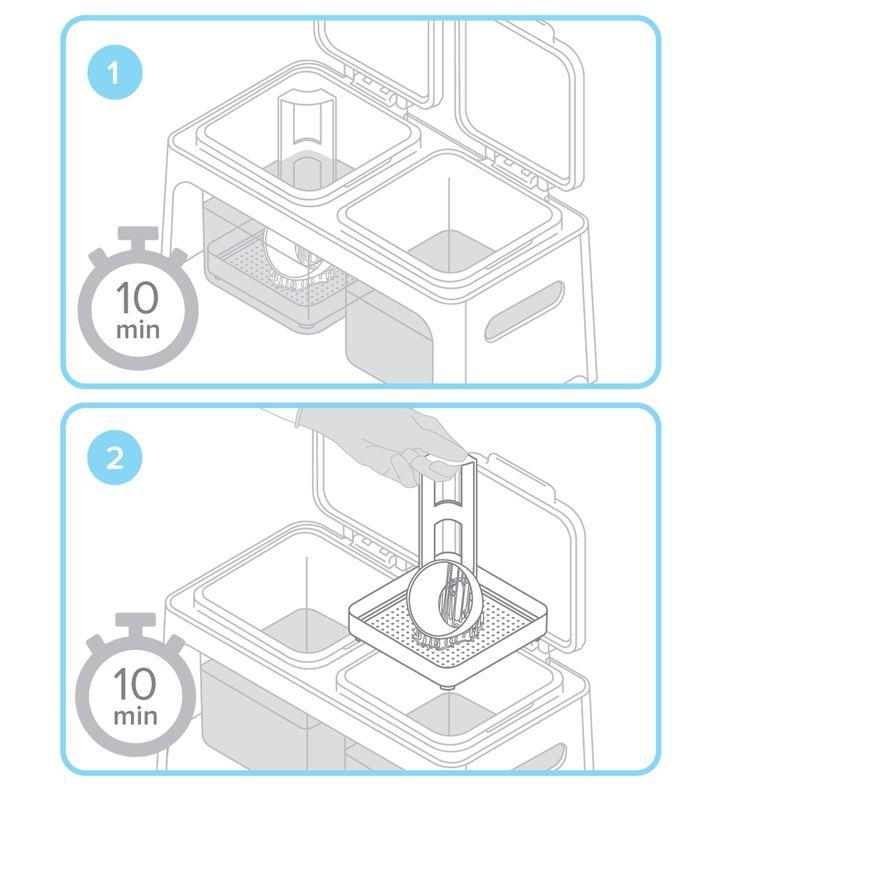 Das Druckteil waschen Um den Waschprozess zu automatisieren, rührt Form Wash das Alkoholbad und entfernt die Teile nach der vorgegebenen Zeit daraus.