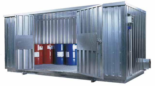 Sicherheits-Raumcontainer [PG 9] Sie bieten als begehbare Lager eine kompakte Lösung zur Lagerung von Gefahrstoffen. Die Typen-Reihe SRC W sichert die Lagerung wassergefährdender Flüssigkeiten.