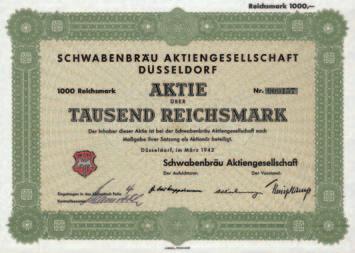 614 Schätzpreis: 150,00 EUR Startpreis: 60,00 EUR Schwabenbräu AG Aktie 1.000 RM, Nr. 10000 Düsseldorf, März 1942 EF Auflage 3.000 (R 7).