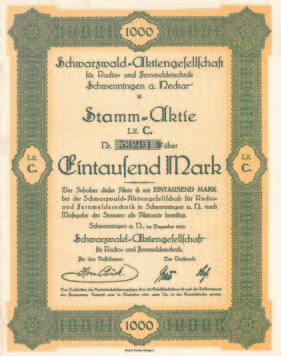 615 Schätzpreis: 150,00 EUR Schwarzwälder Holzindustrie AG Aktie Lit. B 5.000 Mark, Nr. 286 Rötenbach, 6.7.1923 EF- Gründeraktie, Auflage 1.000 (R 10).