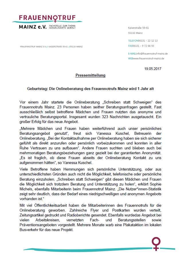 Pressemitteilung zur Onlineberatung des Frauennotrufs Mainz RIGG-Infos