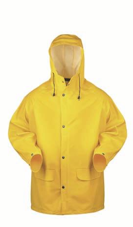 PU-Regenjacke NESSMERSIEL In gelb aus PU auf Polyester-Trägermaterial, 170 g/m². Nähte getaped und doppelt versiegelt. Kapuze weitenverstellbar, verdeckter Reißverschluss. Ärmelbund m.
