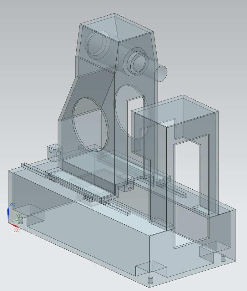 Simulationen mit NX CAD Daten der Werkzeugmaschine Grundgestell mit 4 Aufstellelementen an den äußeren Ecken des Grundgestells Auf dem Grundgestell befinden sich 2 lineare Führungssysteme mit 4