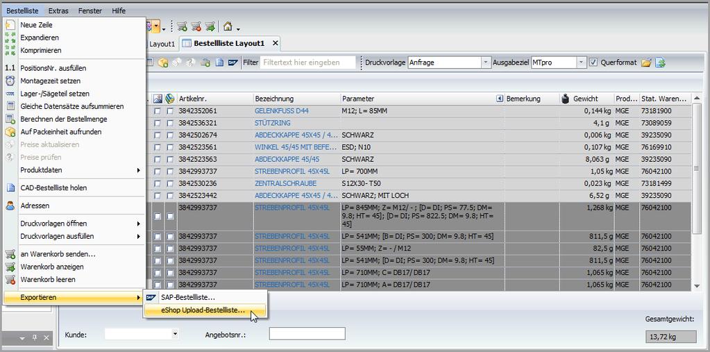 4.2 Export der Bestellliste für eshop Upload Neben der bekannten Online-Anbindung an den Rexroth eshop bietet MTpro nun auch die Möglichkeit, Bestelllisten als Datei zu speichern, die in den
