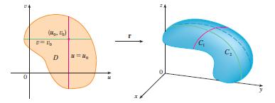 reguläre Parametrisierung einer Fläche, so bilden: u r(u, v 0 ), v r(u 0, v) für jedes feste u 0, v 0 reguläre Kurven auf, die sogennanten Parameterlinien ei eine Fläche mit