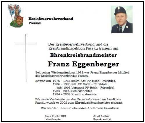 Ehrenkreisbrandmeister Franz Eggenberger schnell und unerwartet verstorben.