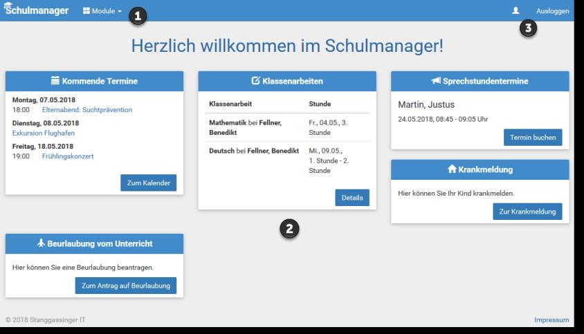 So ist Schulmanager Online aufgebaut 1 Über das Hauptmenü Module haben Sie Zugriff auf alle Funktionen des Schulmanagers.