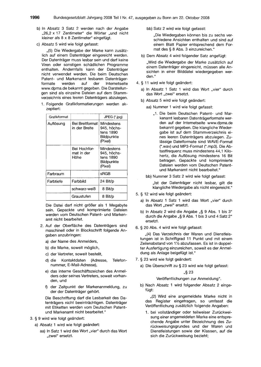 1996 Bundesgesetzblatt,Iahrgang 2008 Teil I Nr. 47, ausgegeben zu Bonn am 22.