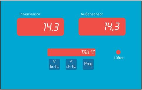 5. Bedienung und Programmierung: Durch Drücken der Taste PROG wird der Menümodus aktiviert und zuerst wird die aktuelle Abschalttemperatur der Innenluft angezeigt (Werkseinstellung: 5 C).