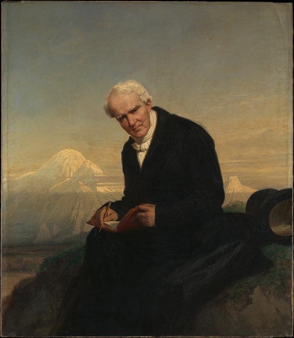 Alexander von Humboldt wurde noch als Greis vor dem Chimborazo dargestellt, den er 1802 bestiegen hatte. (Julius Schrader, 1859, The Metropolitan Museum of Art, New York.