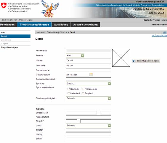 Applikation Phoenix v1.0. Schritt 1: Triebfahrzeugführende 1.1. Neuen Triebfahrzeugführenden erfassen In der Menuleiste links Neu auswählen. Es erscheint eine neue Maske.