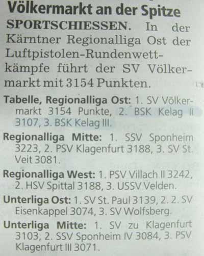 Pressemeldungen 2009 Kärntner Tageszeitung vom 15. Dezember 2009 Seite 47 Kärntner Krone vom 15. Dezember 2009 Sport SCHIESSEN Luftgewehr Landesliga. 4. Runde: SV Obermölltal - LPSV Kärnten I 0:5, SV Völkermarkt - SV St.